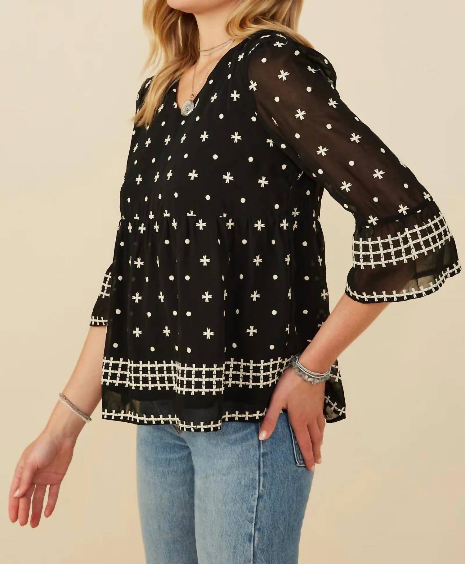 Hayden La - Tulip Sleeve Embroidered Border Blouse