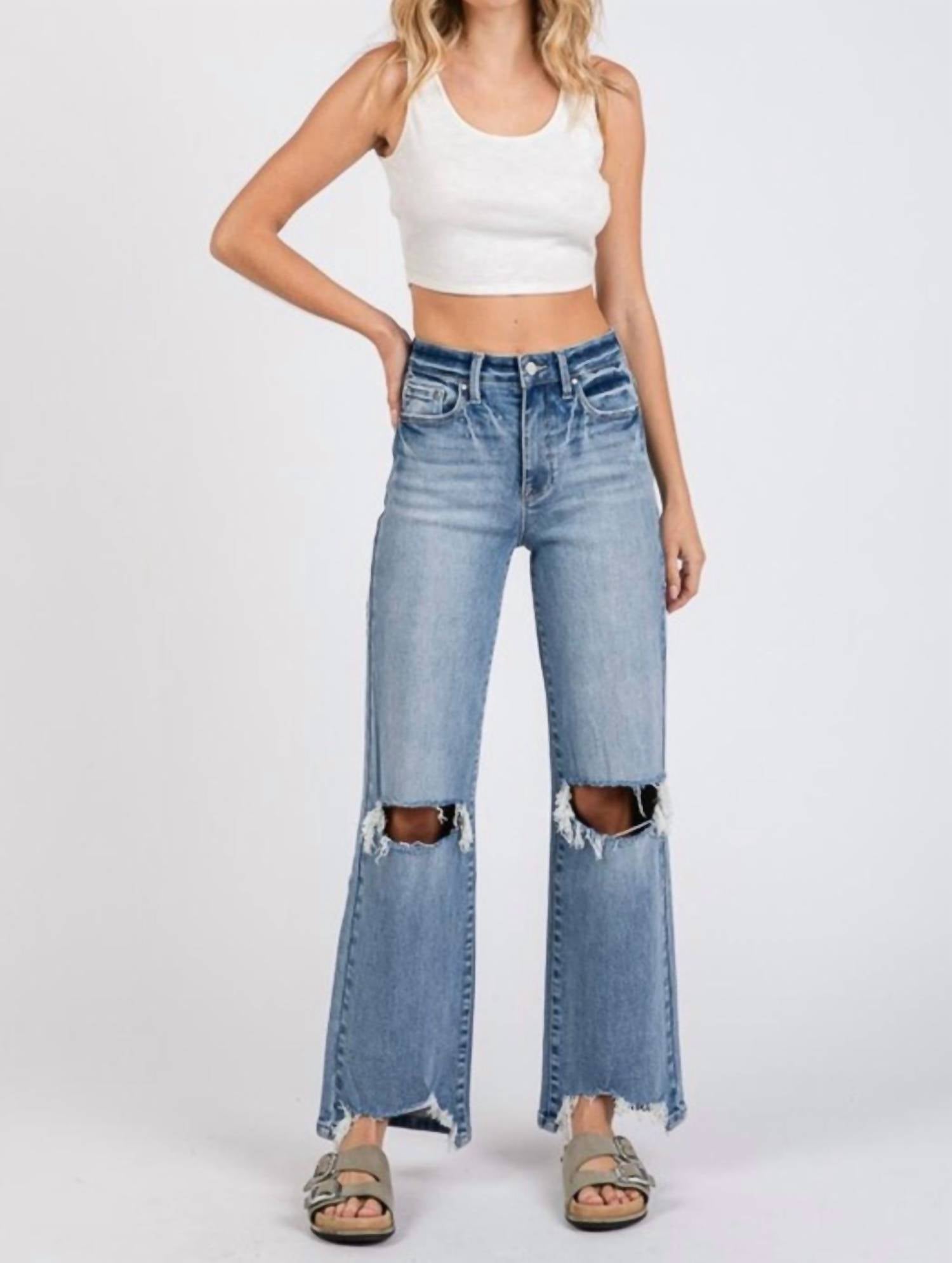 PETRA High Rise Stretch Slim Wide Leg With Destroyed Hem Jean in blue - women's jeans