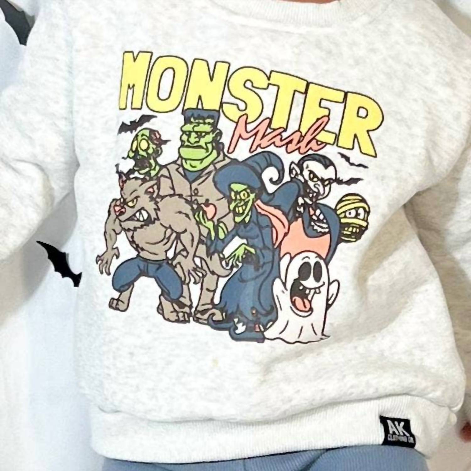 AK Clothing Company Monster Mash Halloween Crew Sweatshirt in light grey - kids' shirt - detail view