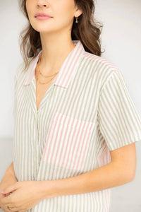 Salua - Cropped Button Down-high Waisted Color Block Shorties Set