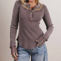 Easel - Embroidered Neck Thermal Top