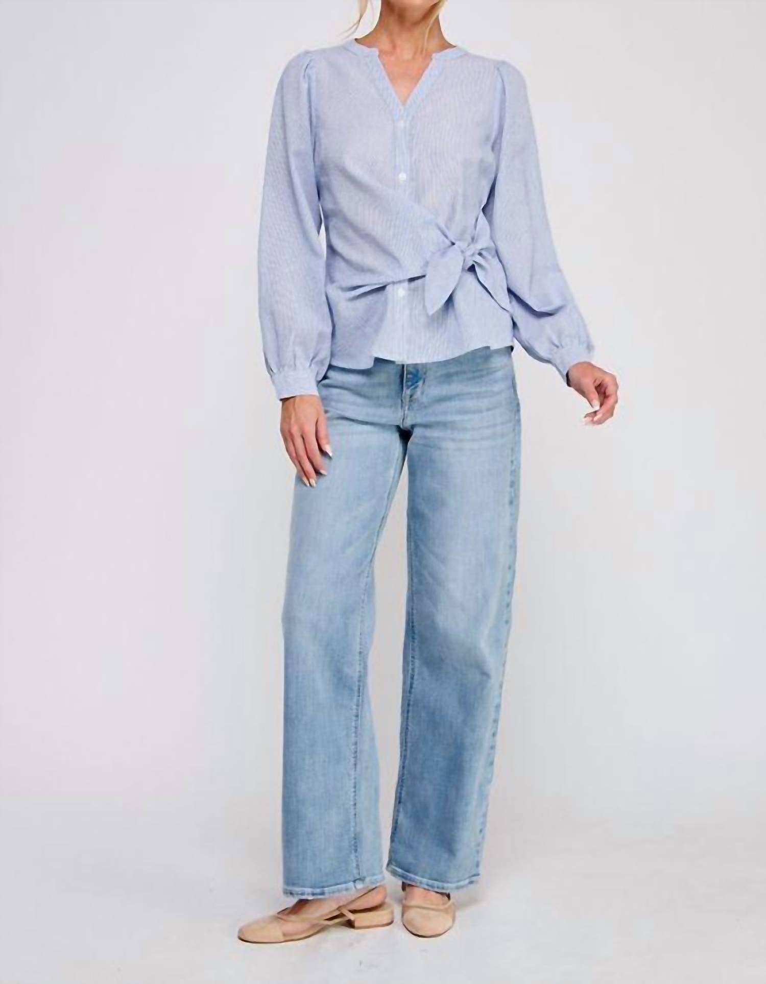 Allie Rose - Cotton Long Sleeve Pinstripe Blouse With Side Tie