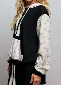 Pol - Kangaroo Pocket Mixed Knit Contrast Sleeve Hooded Pullover