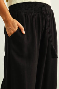 Miou Muse - Cotton Linen Smocked Waist Pants With Tassel