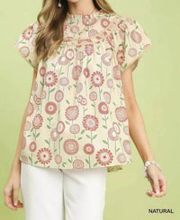 Umgee - Retro Floral Smocked Babydoll Blouse