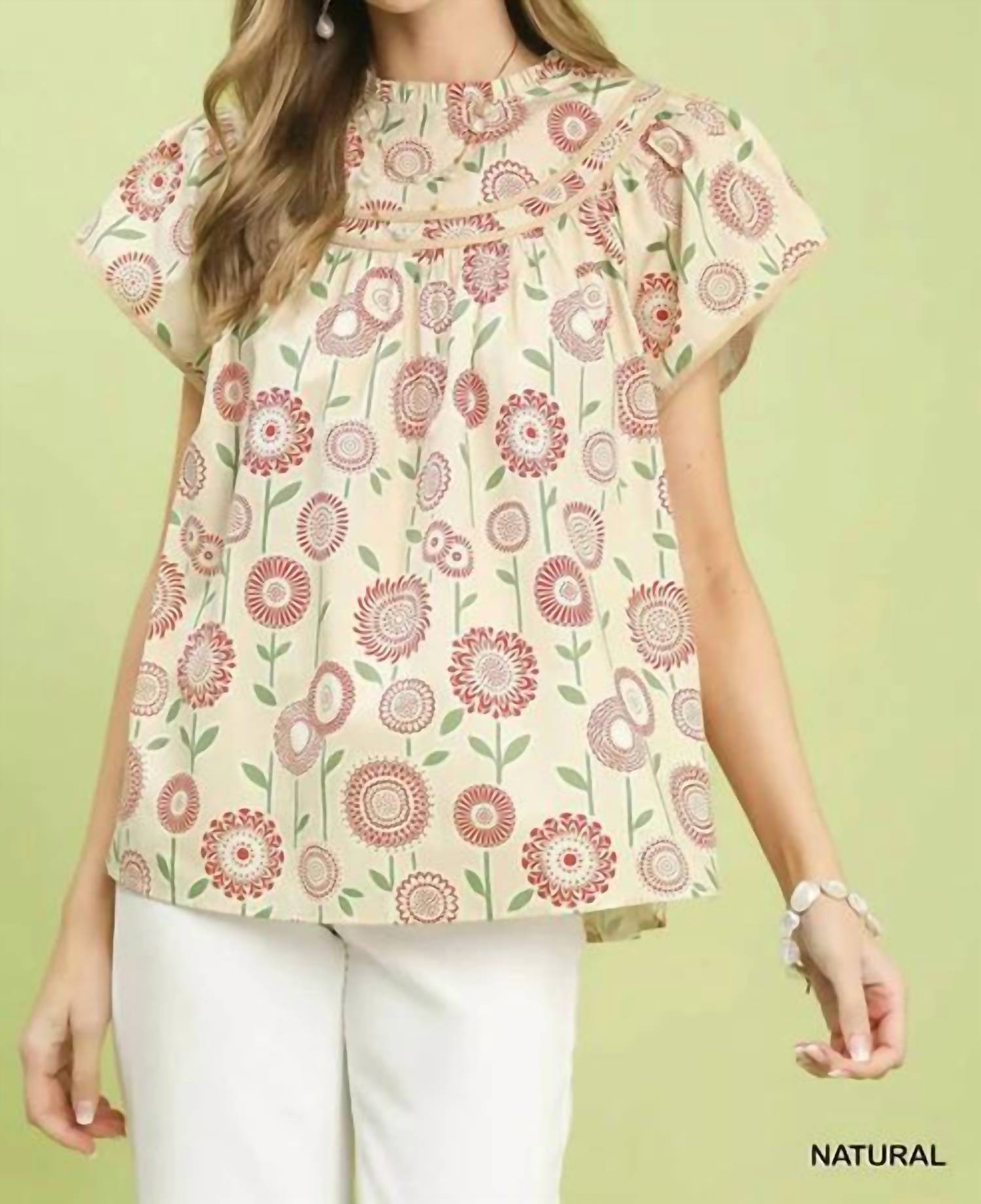Umgee - Retro Floral Smocked Babydoll Blouse