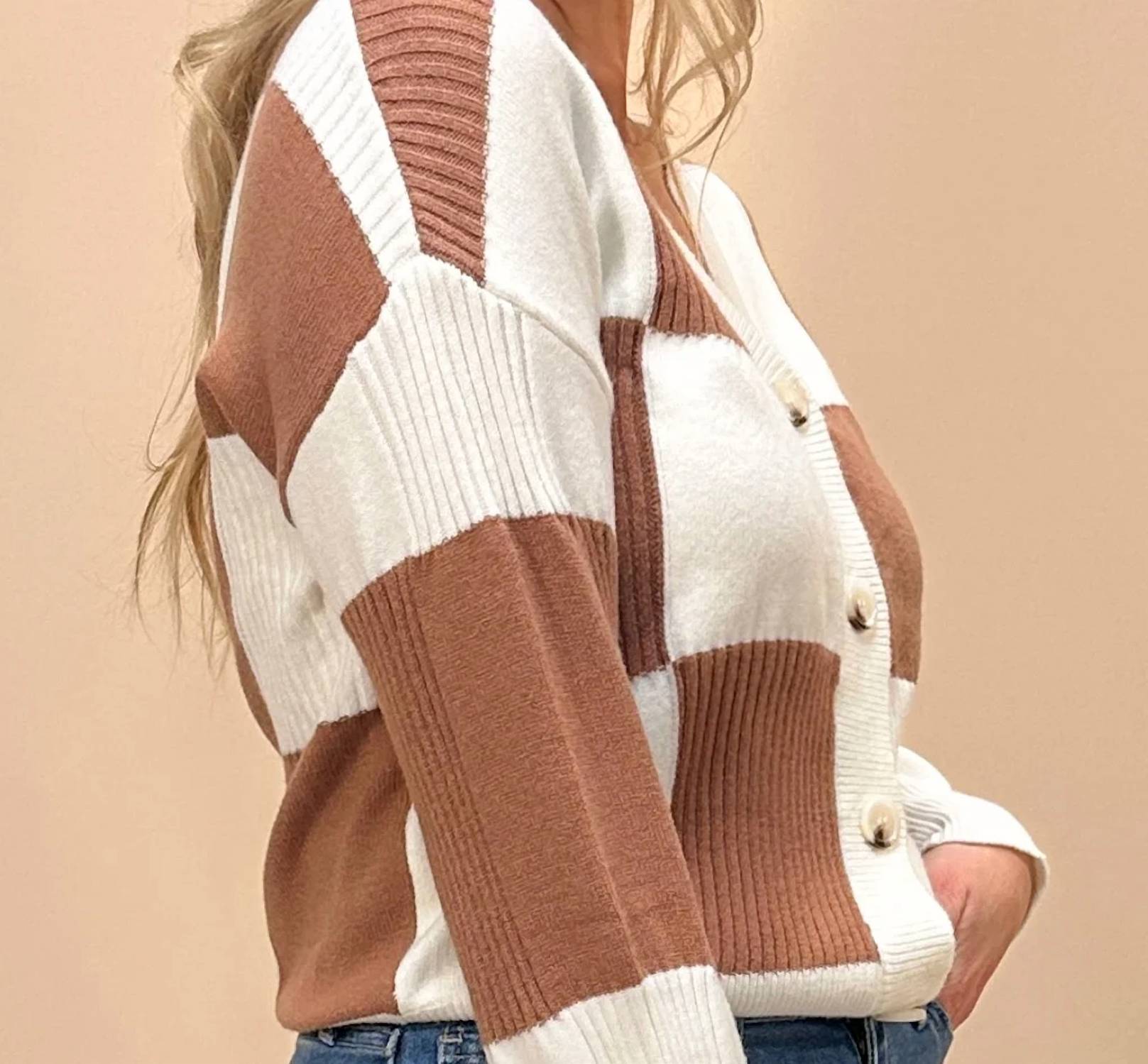 Little Daisy Closet - Checkered Ribbed V Neck Sweater Cardigan