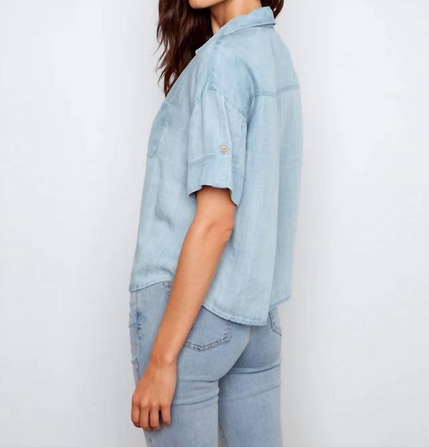 Charlie B - Short Sleeve Button Front Tencel Blouse With Patch Pocket