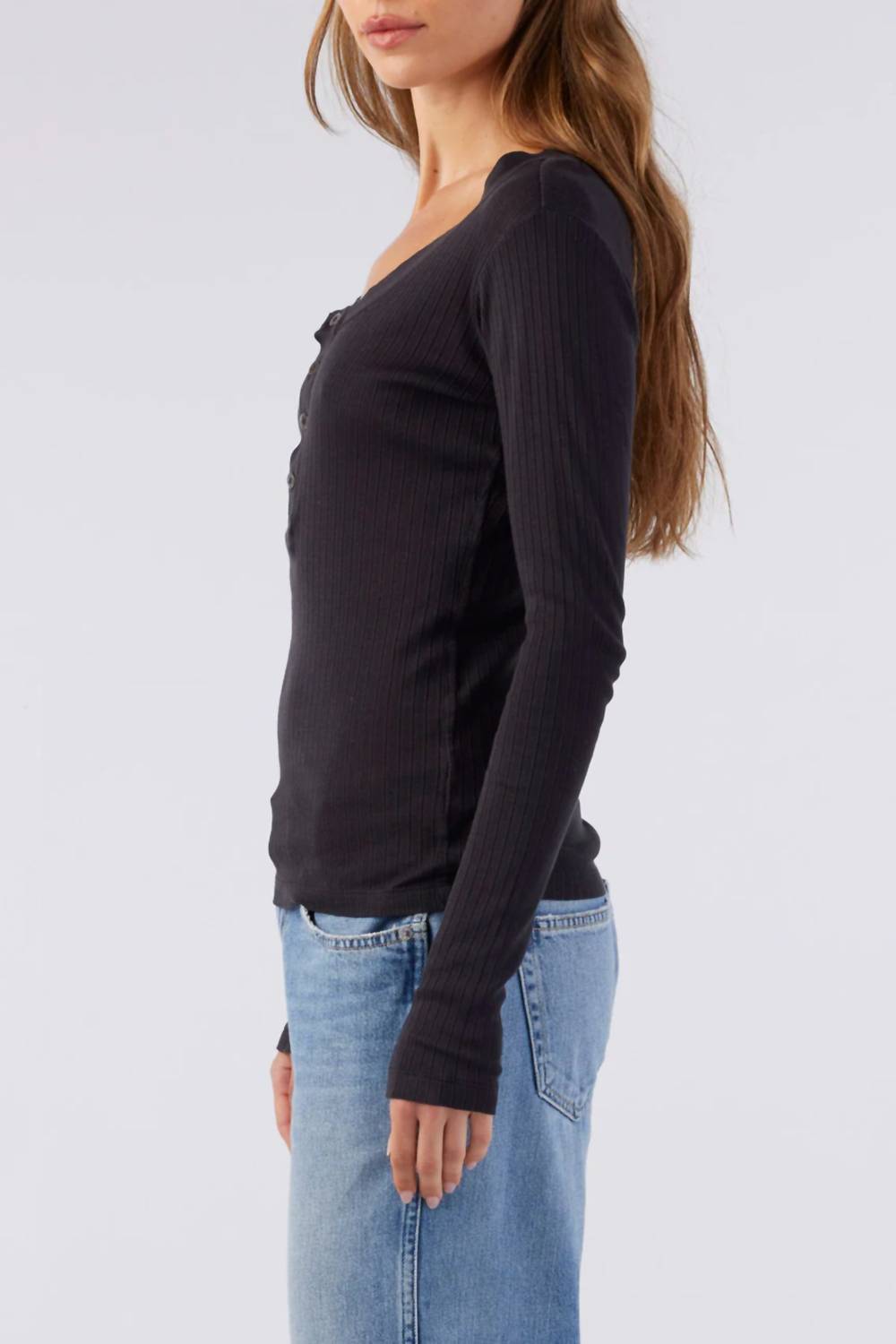 AMO Women's Sweets Henley Long Sleeve Tee in vintage black - women's long sleeve top - alternate view