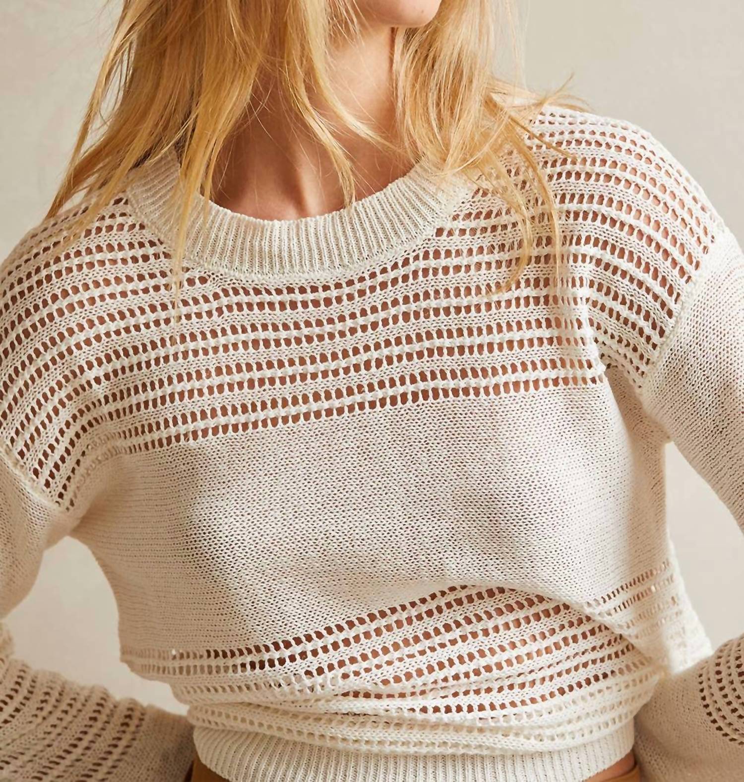 CRESCENT Donna Linen Cotton Mix Media Pullover in cream - women's long sleeve top - view 4