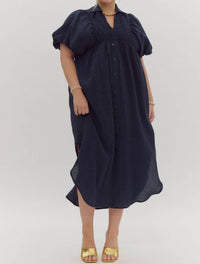 Entro - Textured Puff Sleeve Midi Dress - Plus