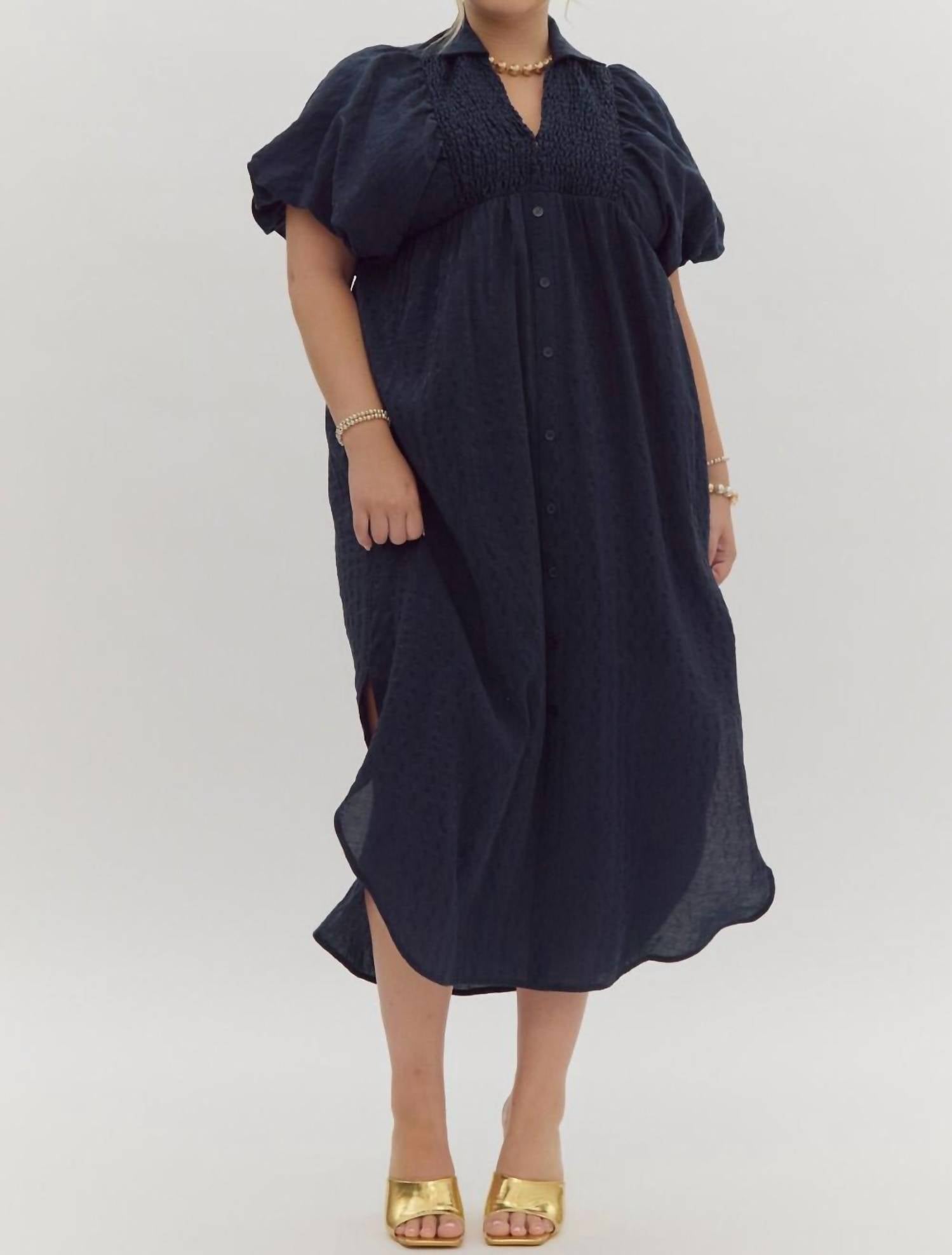 Entro - Textured Puff Sleeve Midi Dress - Plus