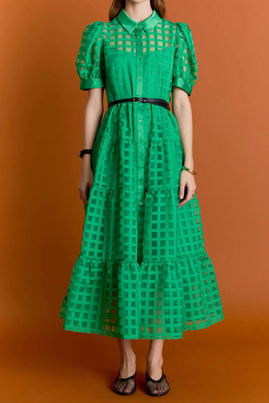 English Factory - Gridded Organza Tiered Button-up Maxi Dress