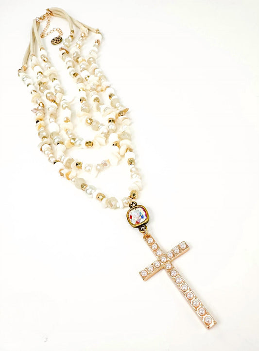 Pink Panache - MULTI STRAND NECKLACE WITH PEARL CROSS