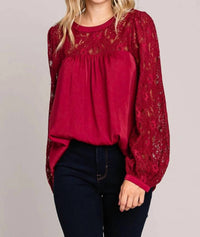 Davi & Dani - Soft Satin Blouse With Contrast Lace Neck