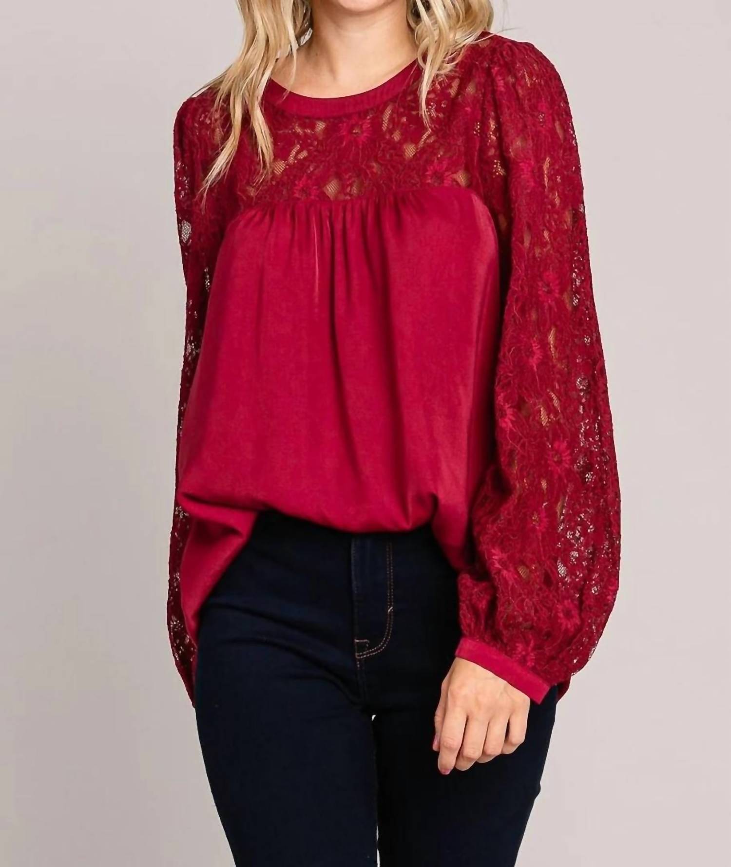 Davi & Dani - Soft Satin Blouse With Contrast Lace Neck