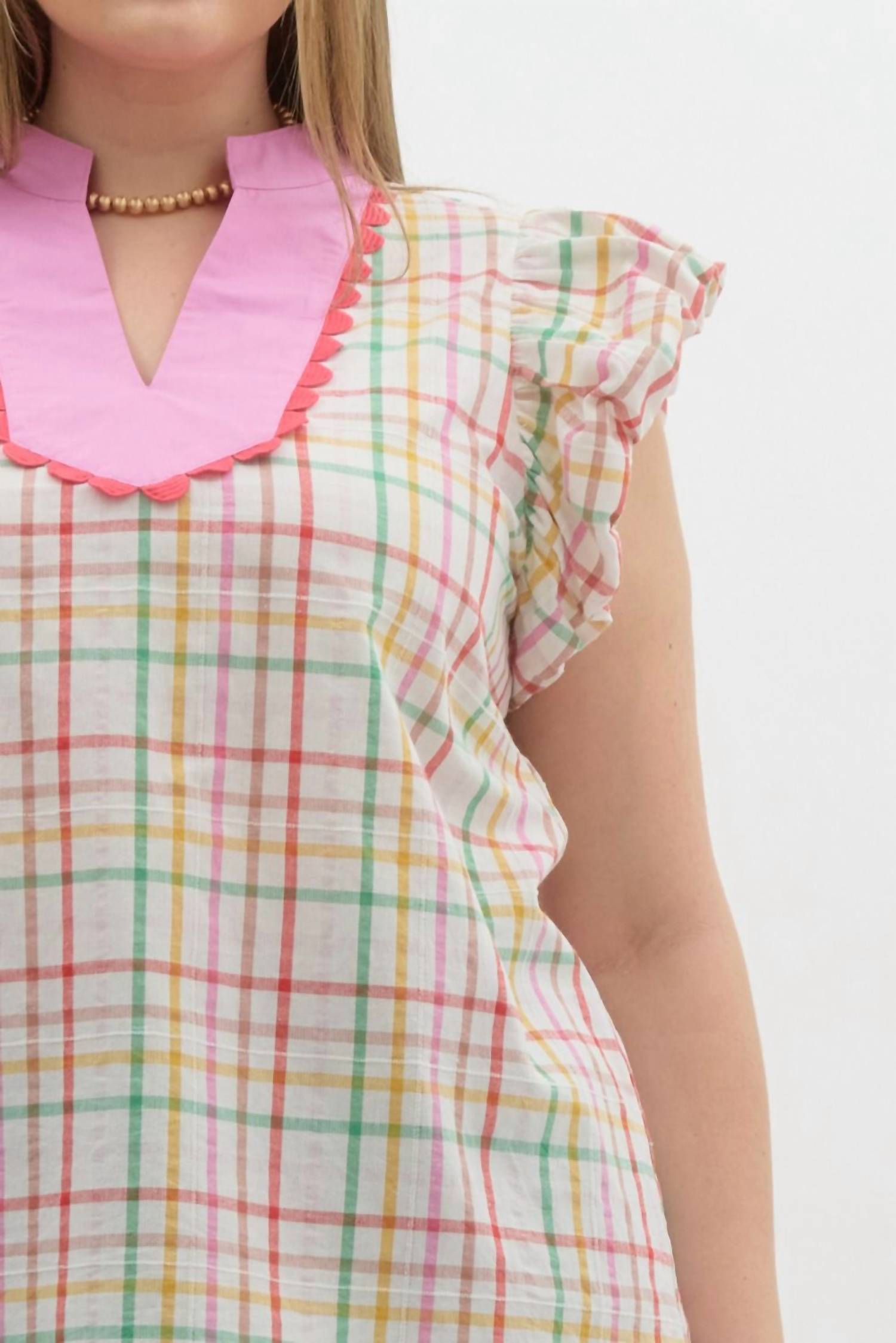 entro Rory V-neck Top in blue - women's blouse - detail view