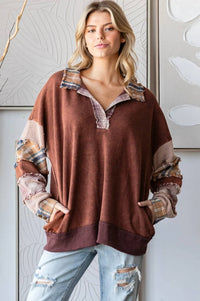 Oli & Hali - Washed Patchwork Collared Pullover Top