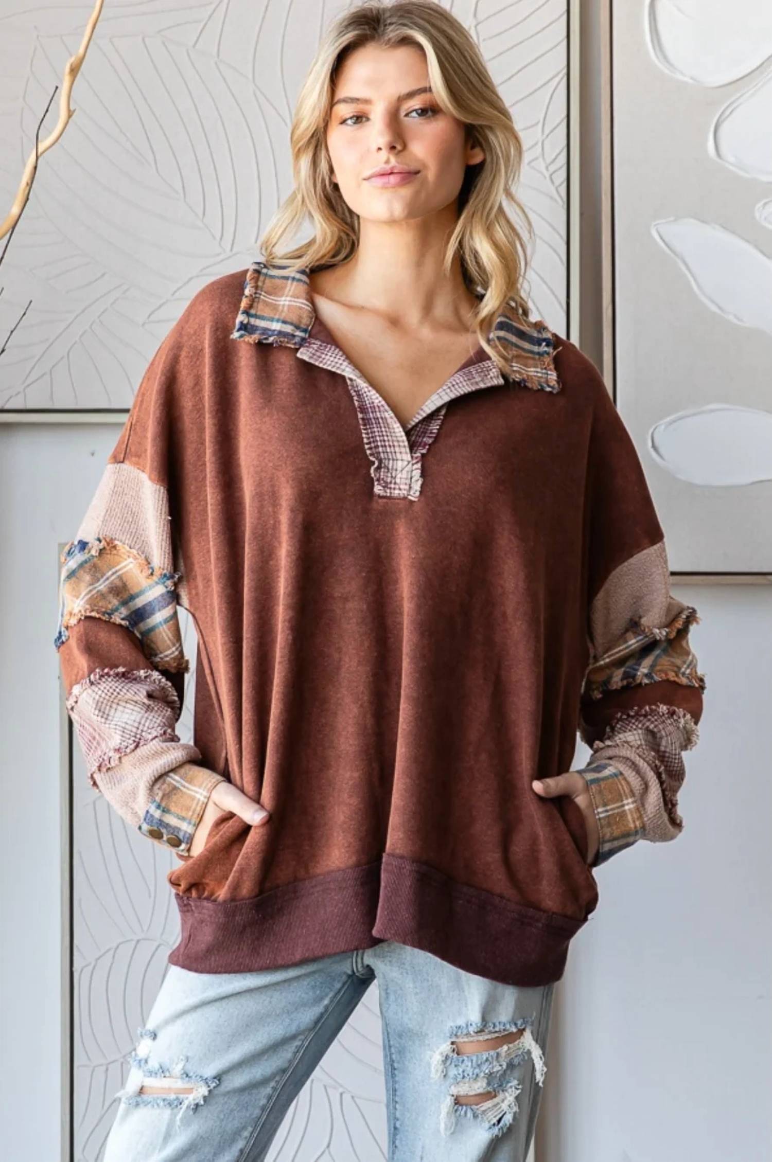 Oli & Hali - Washed Patchwork Collared Pullover Top