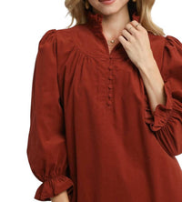 Bns - Corduroy Ruffle Puff Sleeve Tiered Dress