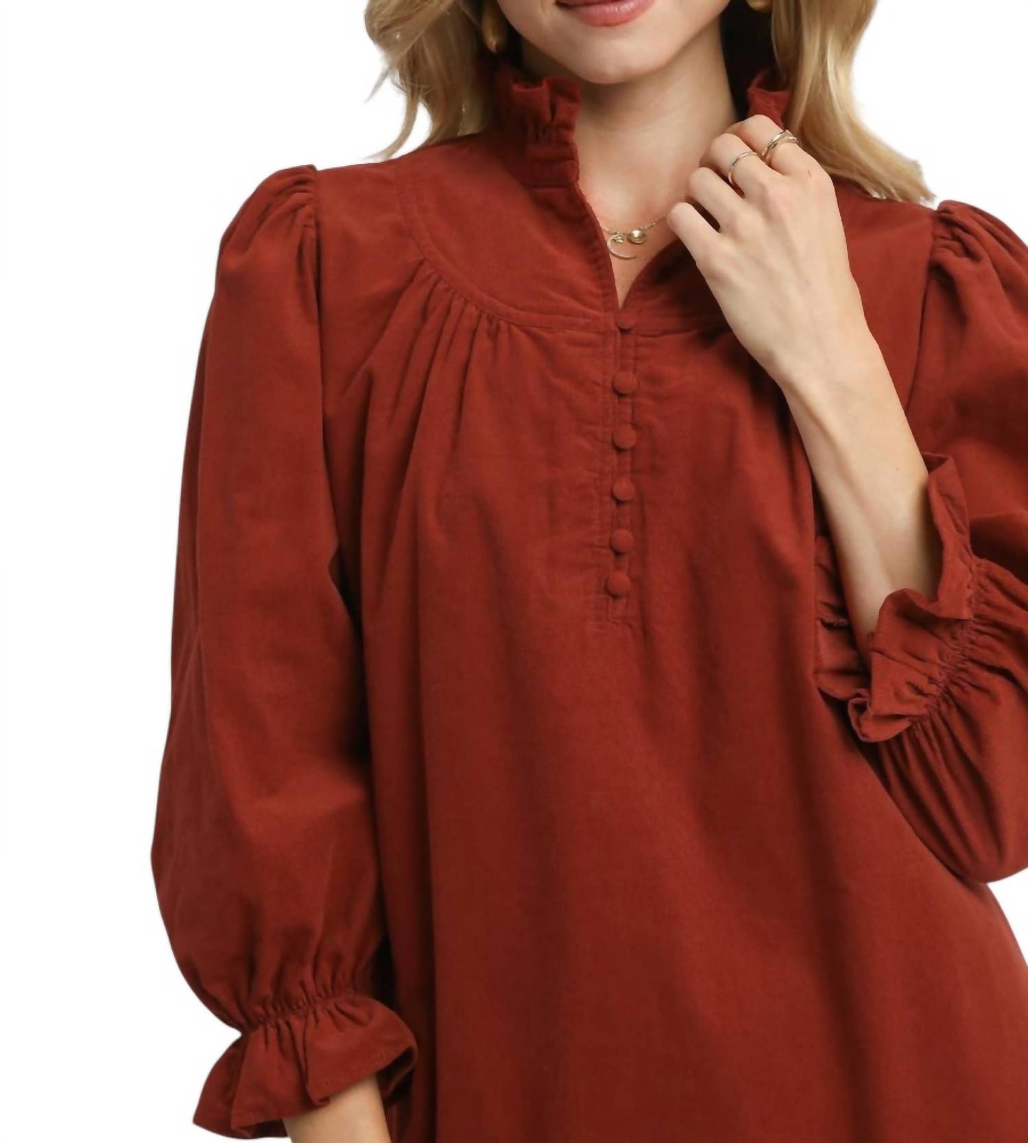 Bns - Corduroy Ruffle Puff Sleeve Tiered Dress