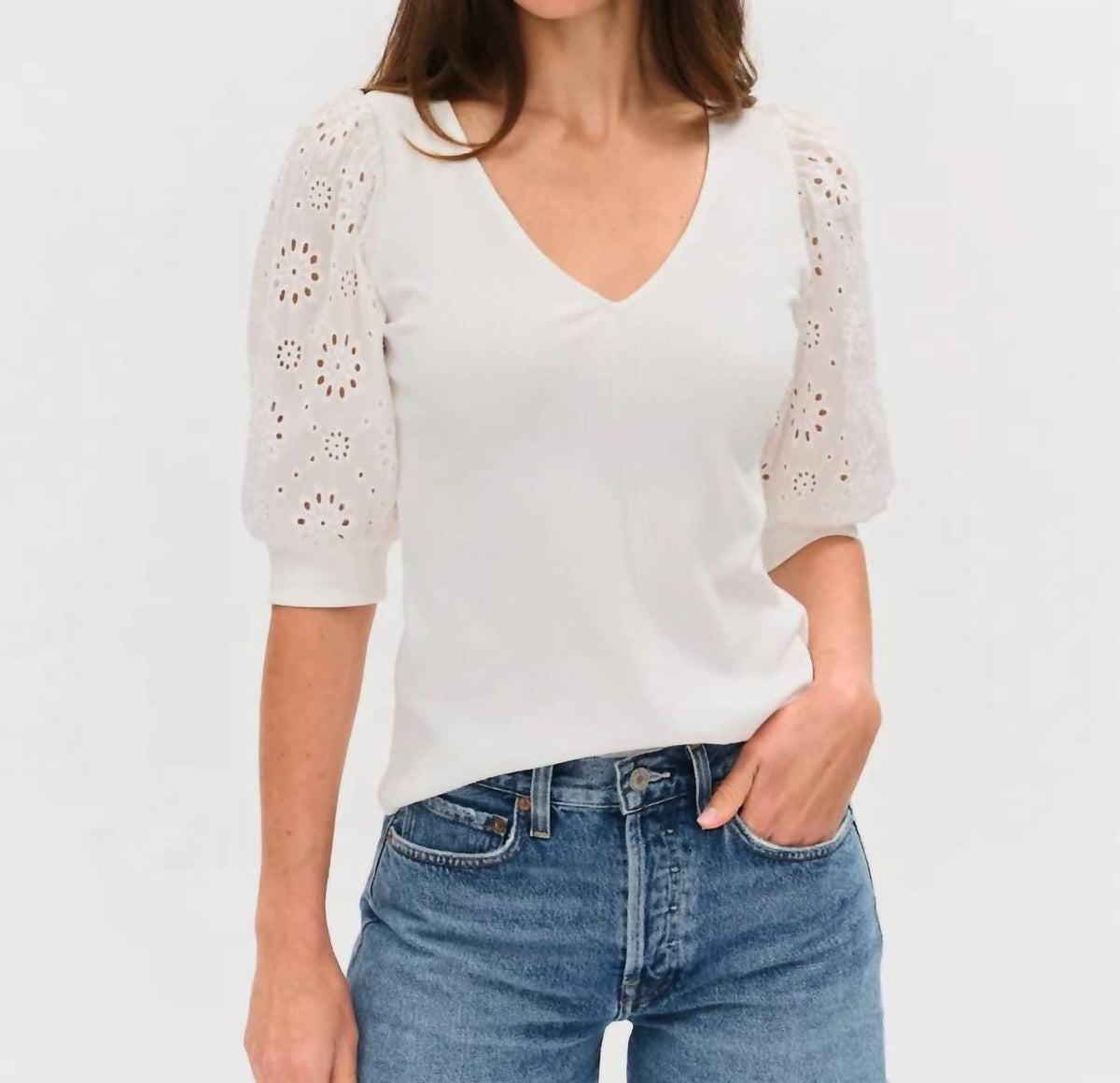 Six/Fifty - Esme Ribbed Eyelet Sleeved V-Neck Top