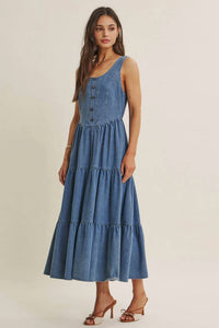 In February - Summer Roadtrip Sustainable Denim Tiered Midi Dress