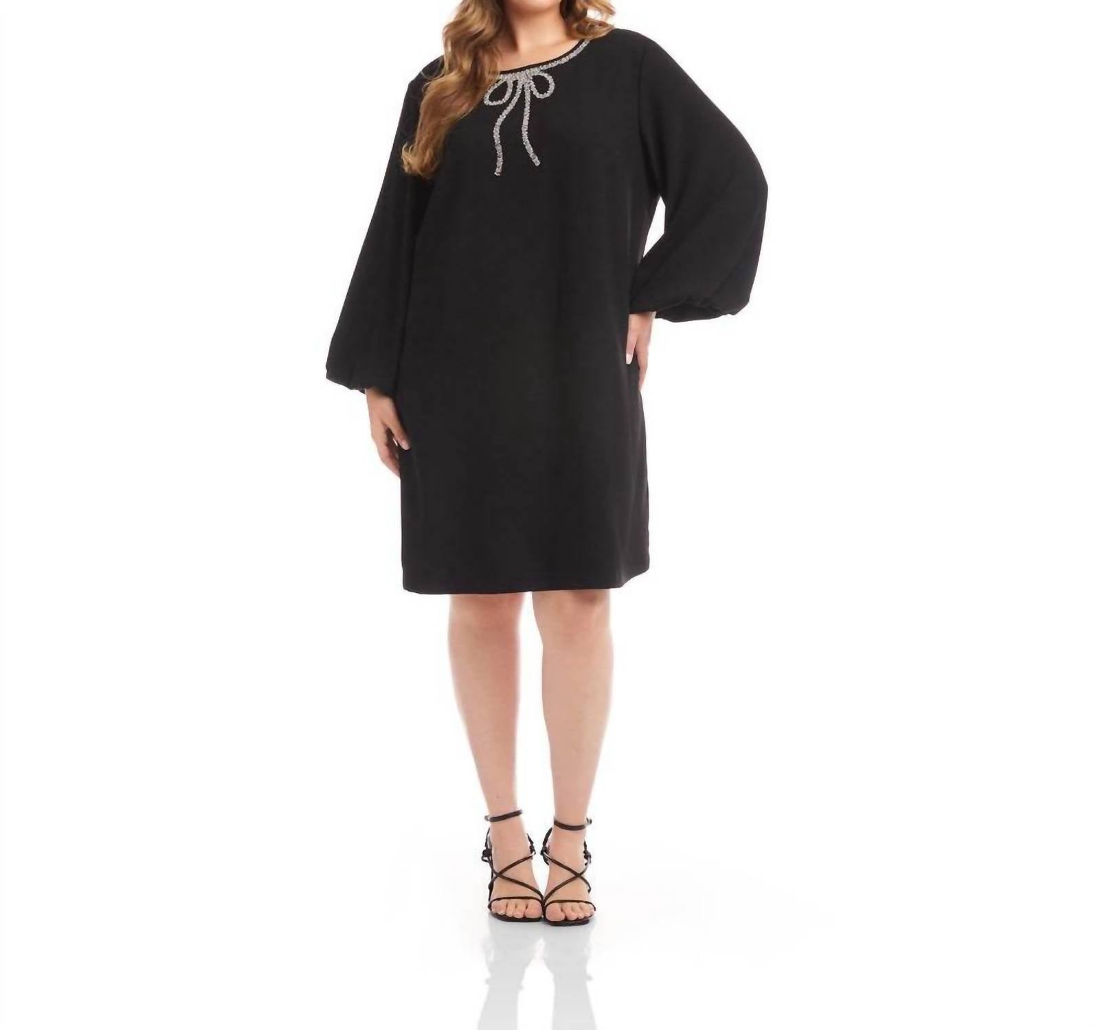 Karen Kane - Puff Sleeve Embellished Bow Shift Dress - Plus
