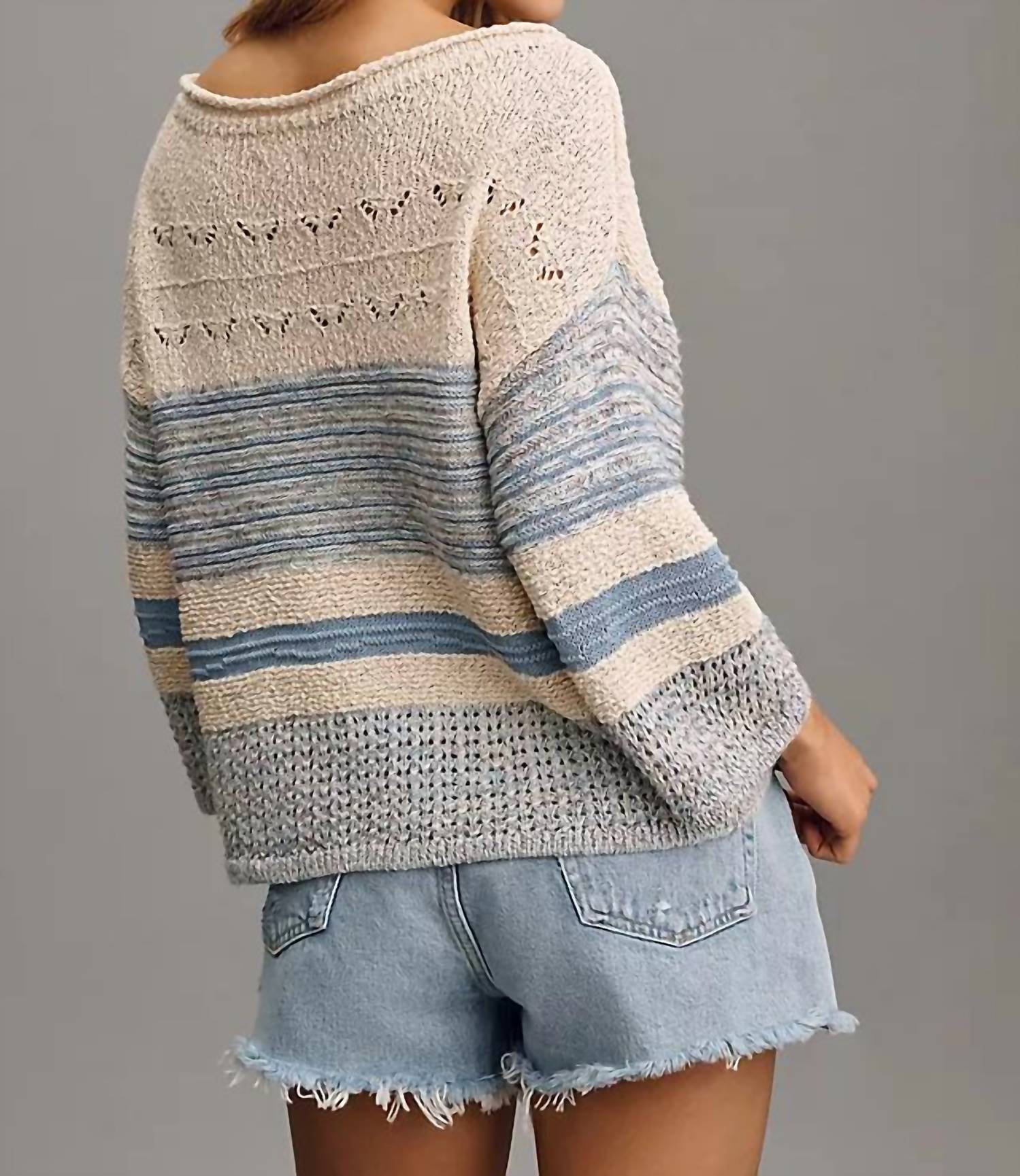 Shewin Striped Hollow Out Puff Sleeve Sweater in light blue - women's sweater - detail view