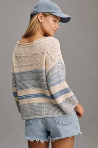 Shewin Striped Hollow Out Puff Sleeve Sweater in light blue - women's sweater - alternate view