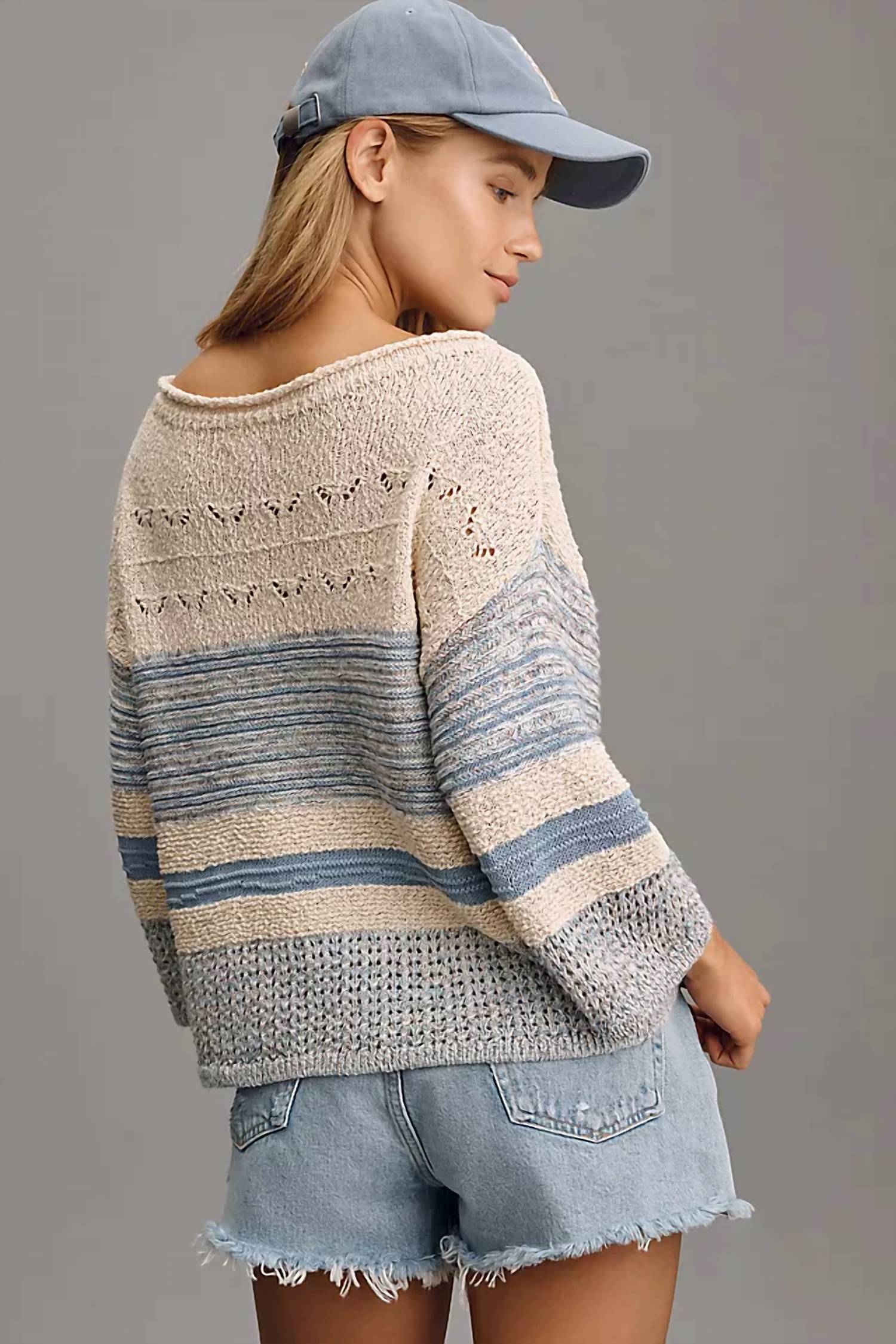 Shewin Striped Hollow Out Puff Sleeve Sweater in light blue - women's sweater - alternate view