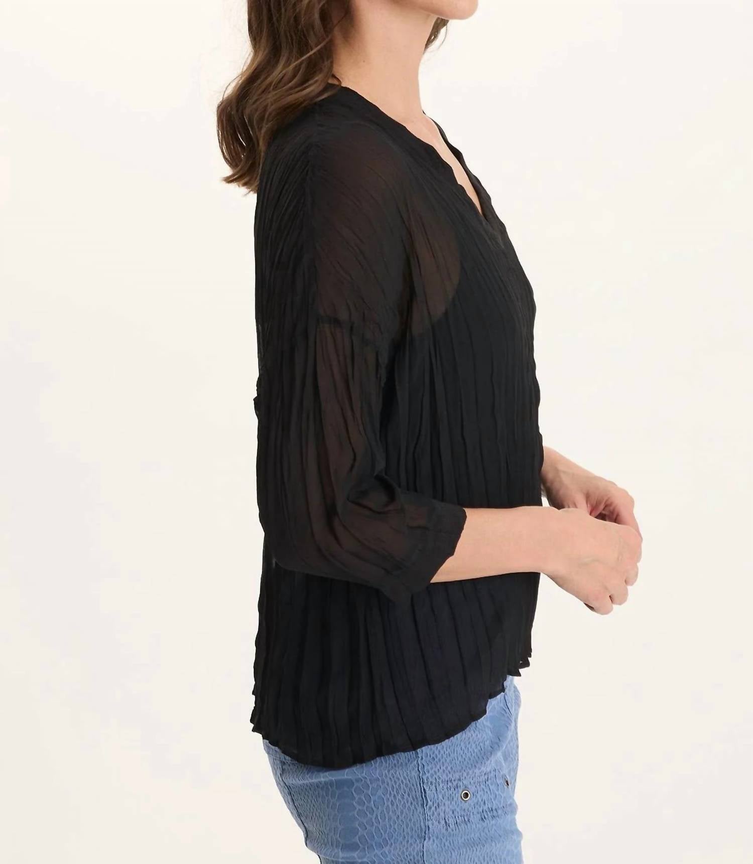 Xcvi - V-Neck Micro-Pleat 3/4-Sleeve Crinkle Top