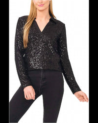 Cece - Sequin Long Sleeve Polo Top