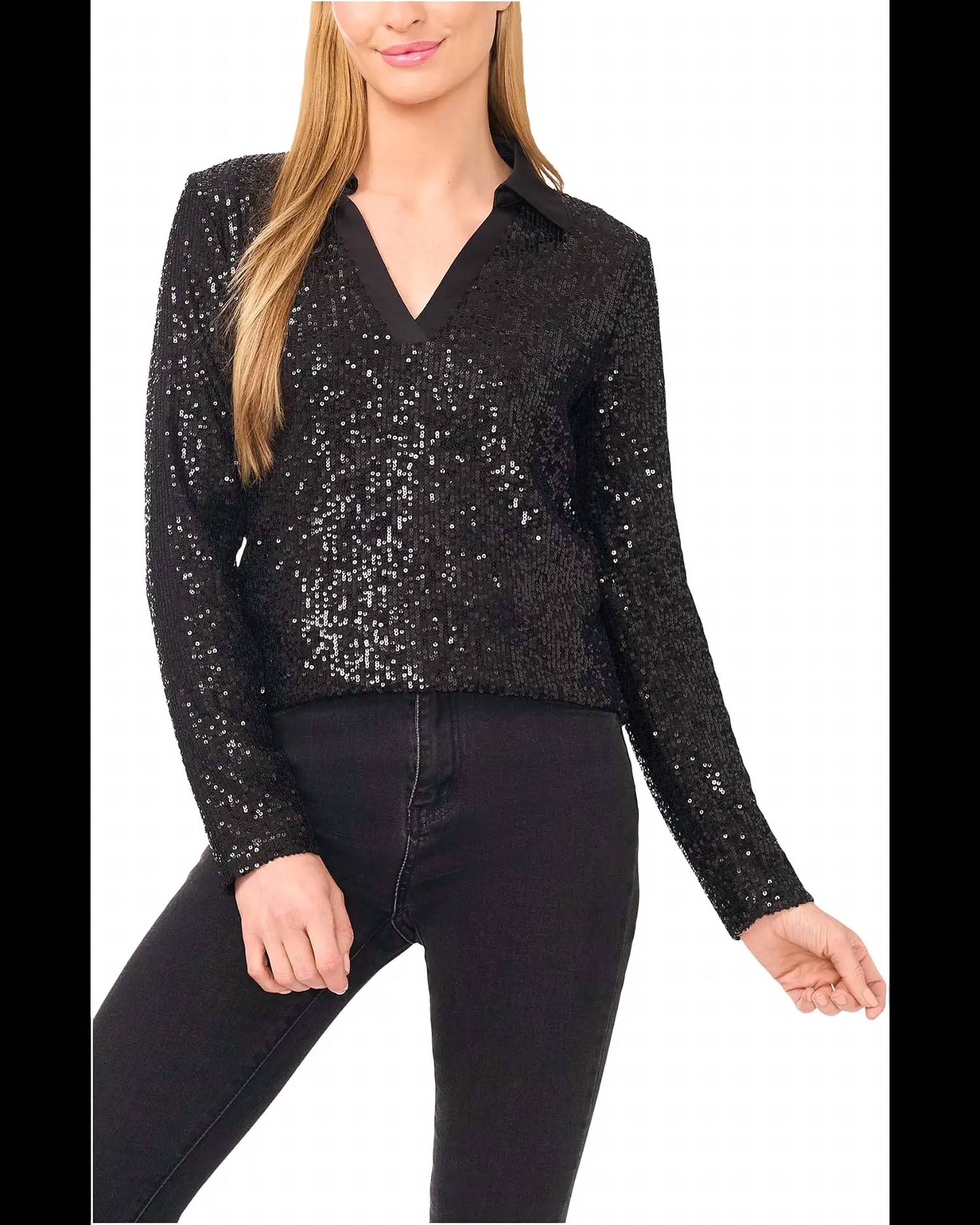 Cece - Sequin Long Sleeve Polo Top
