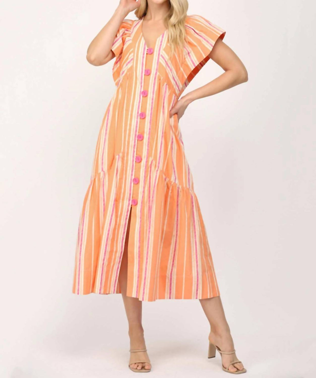 Fate - Stripe V-Neck Midi Dress with Swirl Button