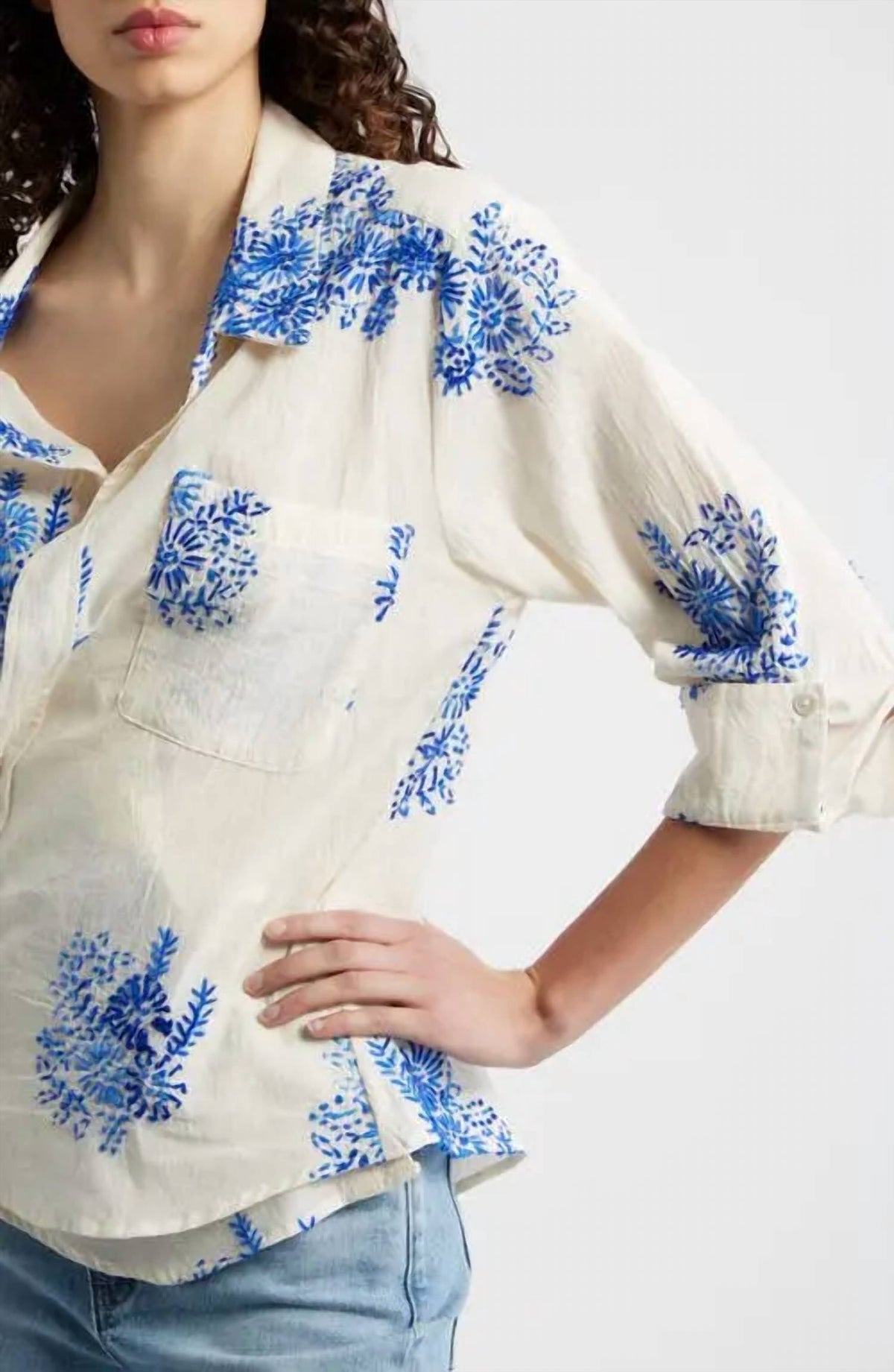 Cissa - Embroidered Asymmetric Button-up Overshirt