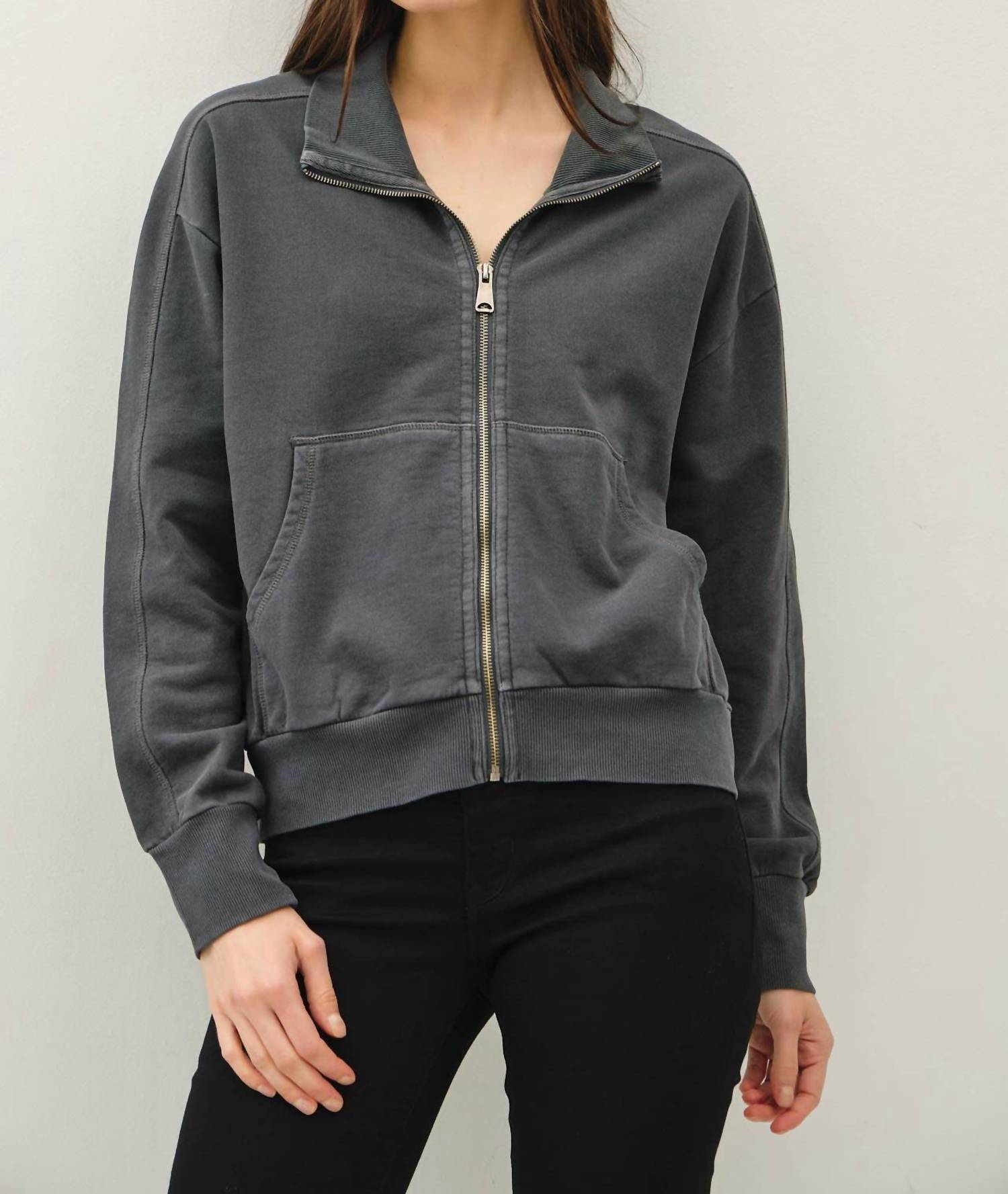 be cool Hillary Acid Wash Zip Sweatshirt in charcoal - women's top