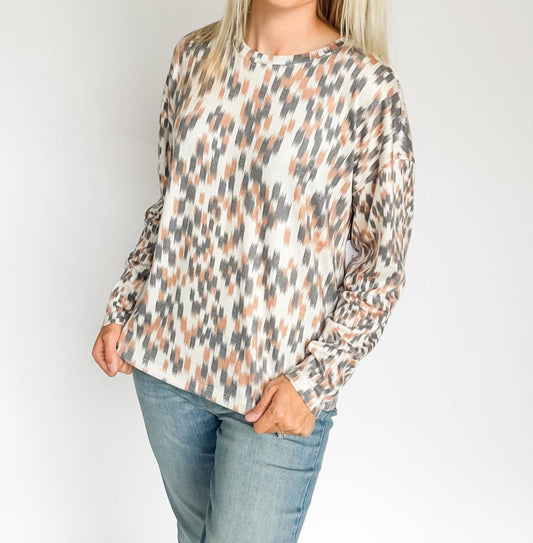 Tribal - Fuzzy Soft Crew Neck Combo Print Knit Top