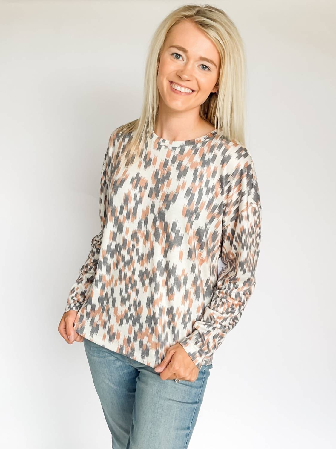 Tribal - Fuzzy Soft Crew Neck Combo Print Knit Top