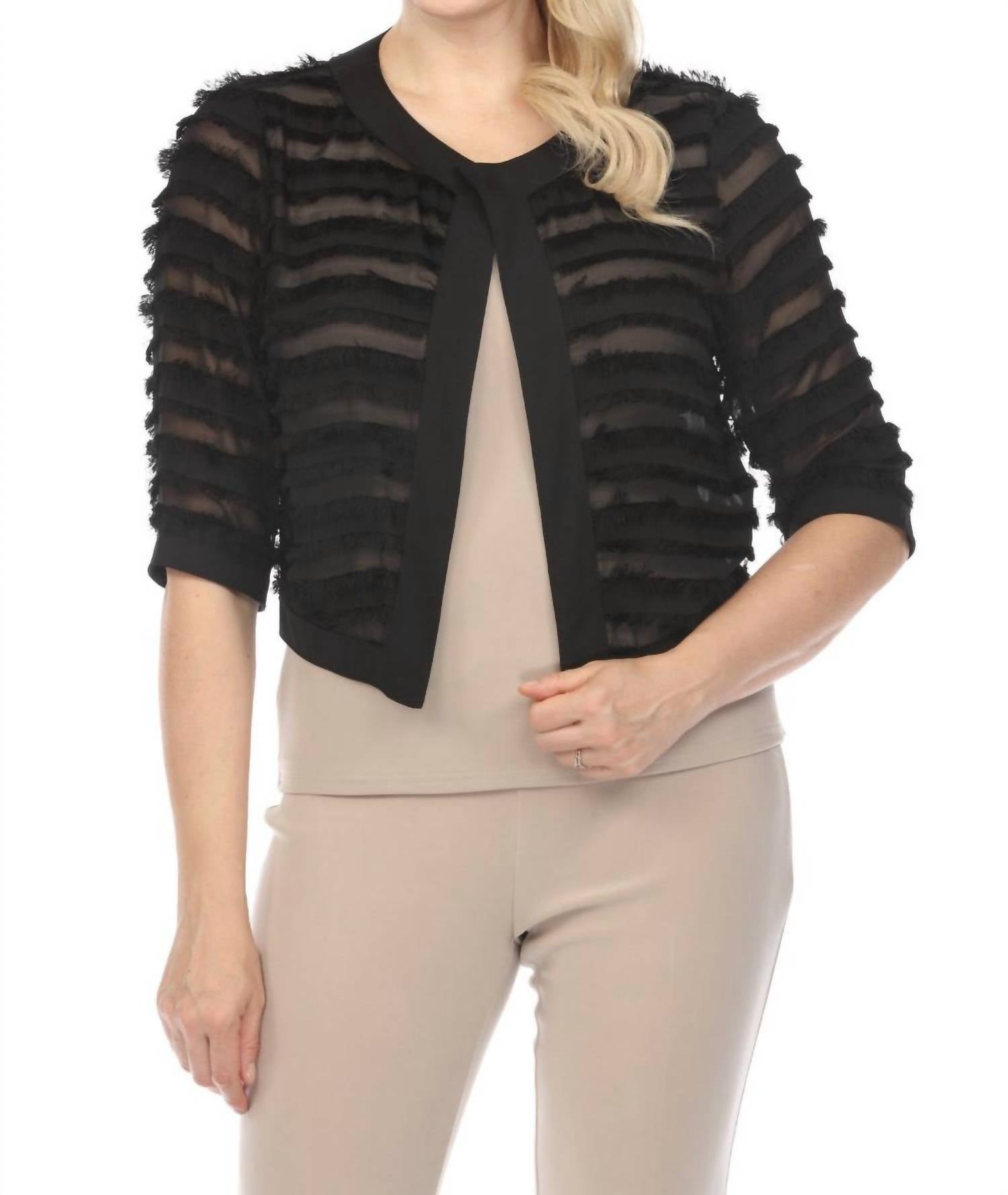 Joseph Ribkoff - Striped Sheer Fringe 3/4 Sleeve Cropped Cover-up