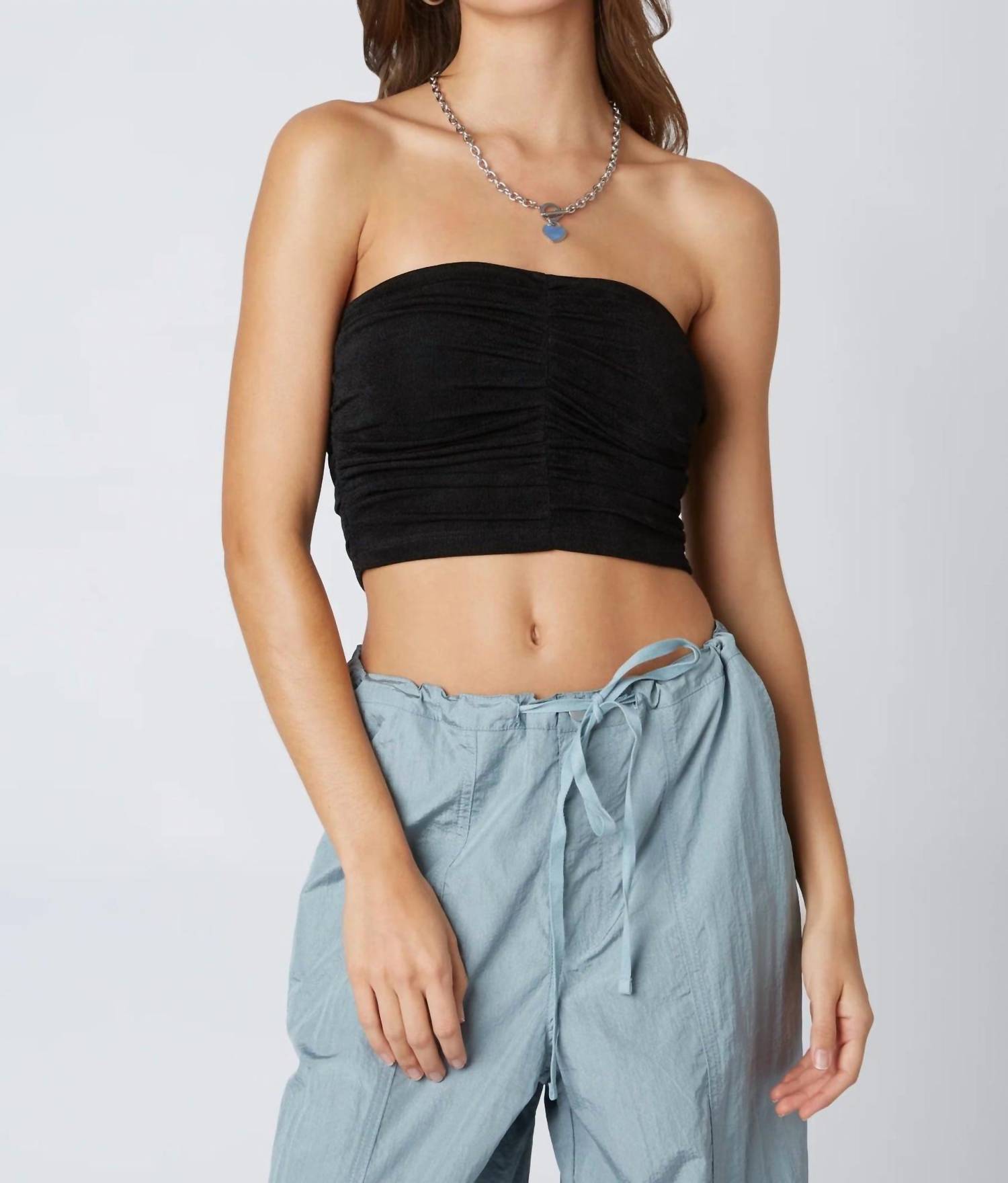 CLA Slinky Ruched Tube Top in black - women's shirt - detail view