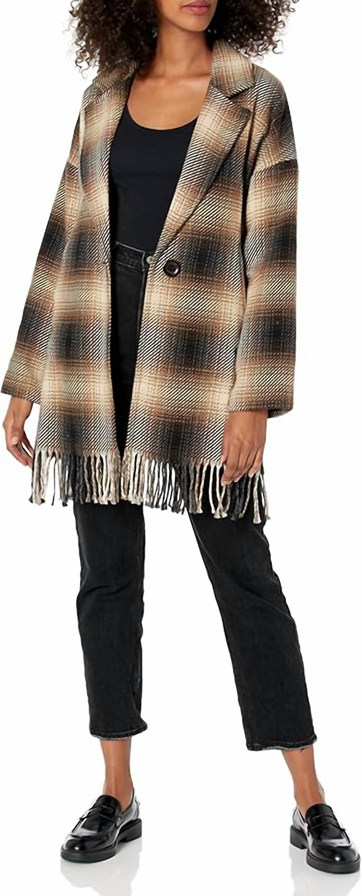 Karen Kane - Plaid Fringe Trim Jacket