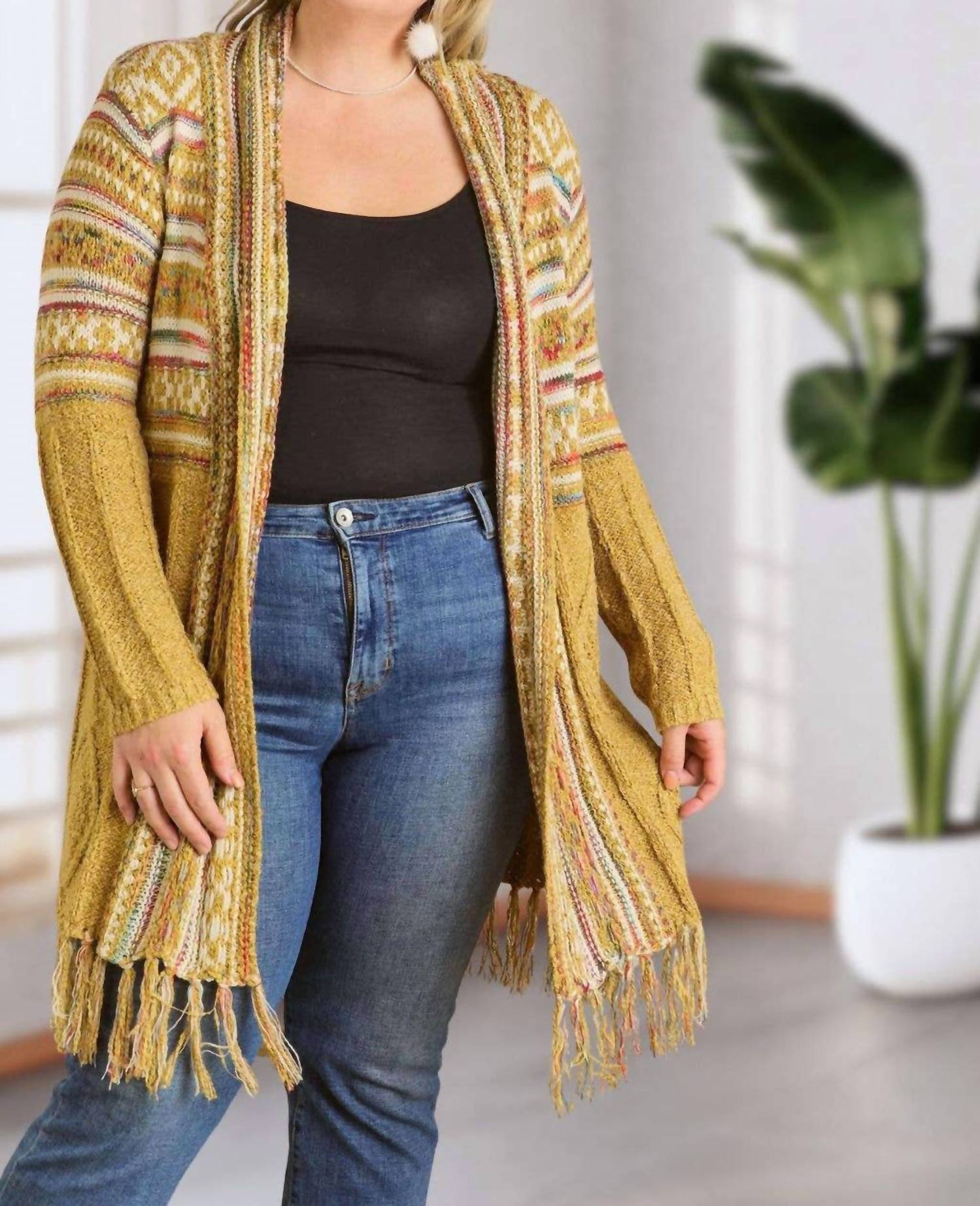 ADORA Maya Fringe Hem Aztec Cardigan -plus in mustard - women's sweater - alternate view