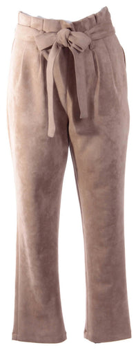 Faux Suede Paper Bag Waist Pant With Tie