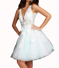 Jovani - Floral Appliqued A-line Cocktail Dress
