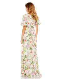 Mac Duggal - Floral Print Faux Wrap Flutter Sleeve A Line Dress