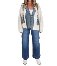 Blu Pepper - Mixed Media Cable Knit Denim Trim Jacket