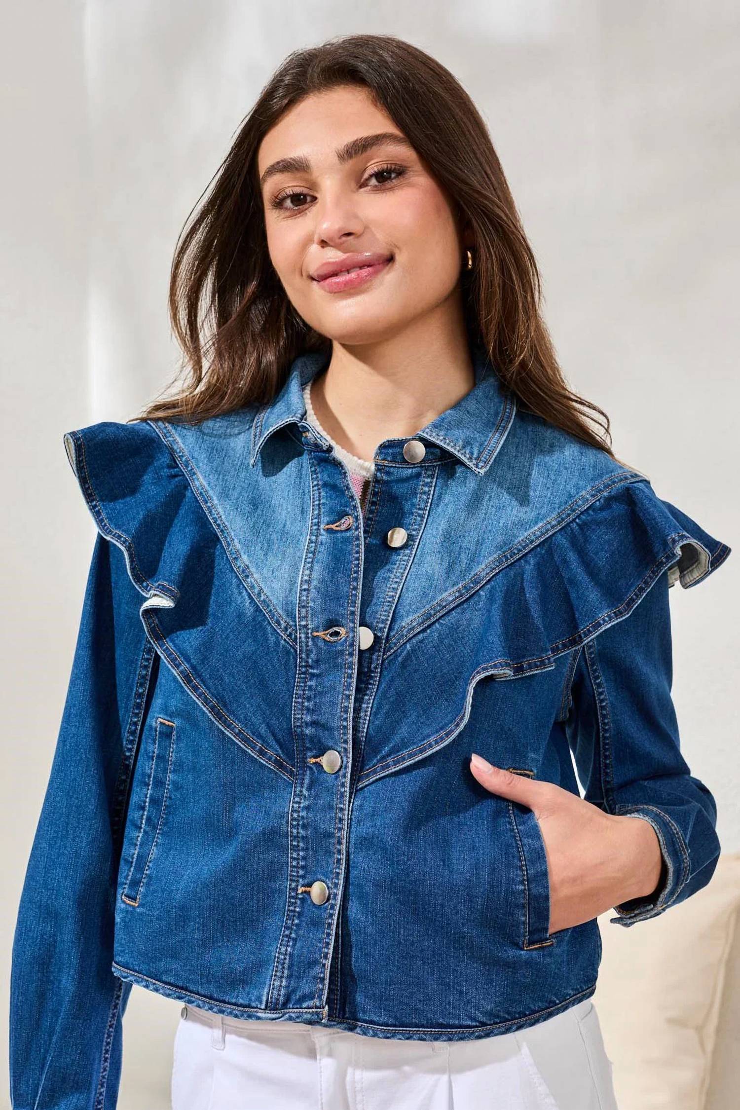 Tribal - Fayra Fashion Denim Jacket With Sculpted Ruffle Detail