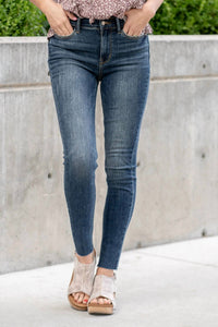 Judy Blue - Women's Mid Rise Vintage Raw Hem Skinny Jeans