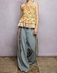 Pol - Shirred Ruffle Adjustable Strap Printed Sleeveless Top